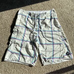 Fox Men’s Board Shorts White Blue Plaid Print